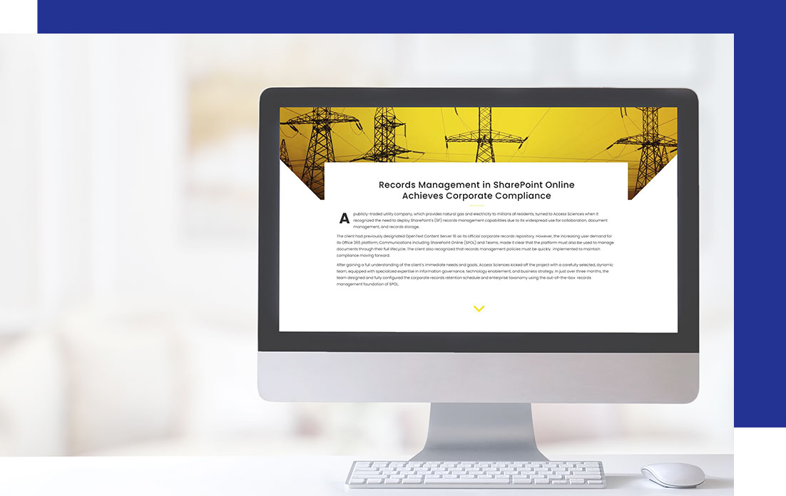 Access-Sciences-Case-Study-Records-Management-in-Sharepoint-Online-Achieves-Corporate-Compliance A desktop computer displays a records management webpage with a yellow header and power line graphics.