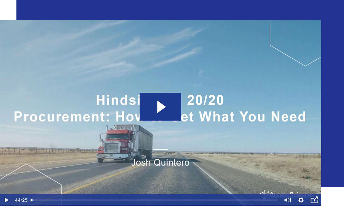 Access-Sciences-Technology-Procurement-Procurement-How-to-get-what-you-need A red semi-truck on a rural highway with overlaid text about technology procurement and Josh Quintero.