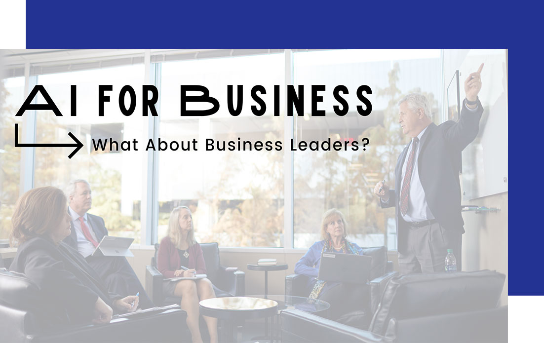 Access-Sciences-Blog-AI-For-Business A professional presents to colleagues in a modern conference room with text on AI’s impact for business leaders.