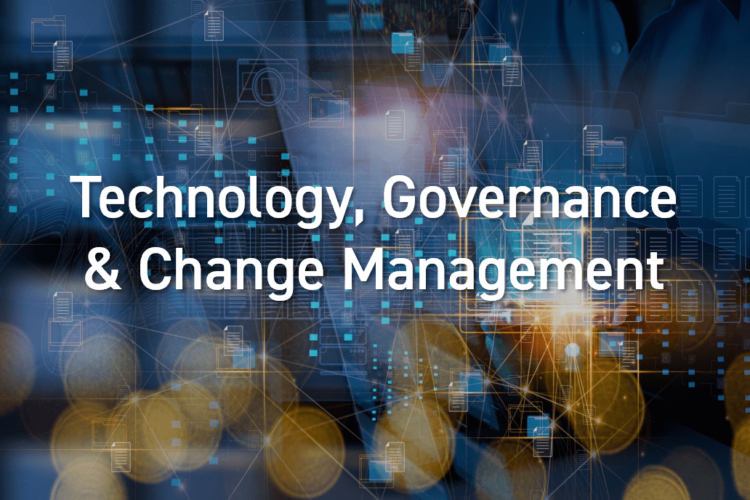 "Technology, Data Governance & Change Management" over a digital backdrop of data icons, a laptop, and glowing networks.