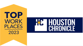 Top Workplaces 2023 banner with Houston Chronicle logo on navy, honoring top workplaces in Houston, Texas.