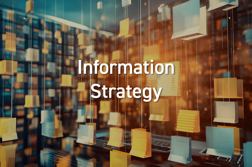 Stacks of sticky notes float before bookshelves, with "Information Strategy" in bold white text.