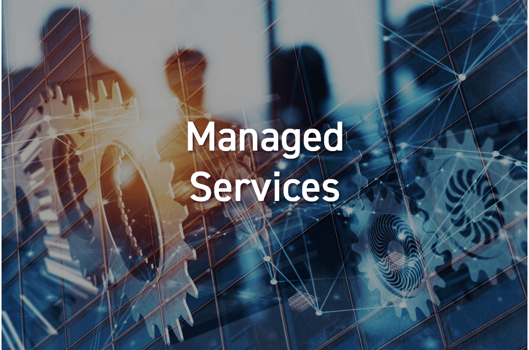 "Managed Services" overlaid on an abstract background with silhouettes, gears, and interconnected lines.