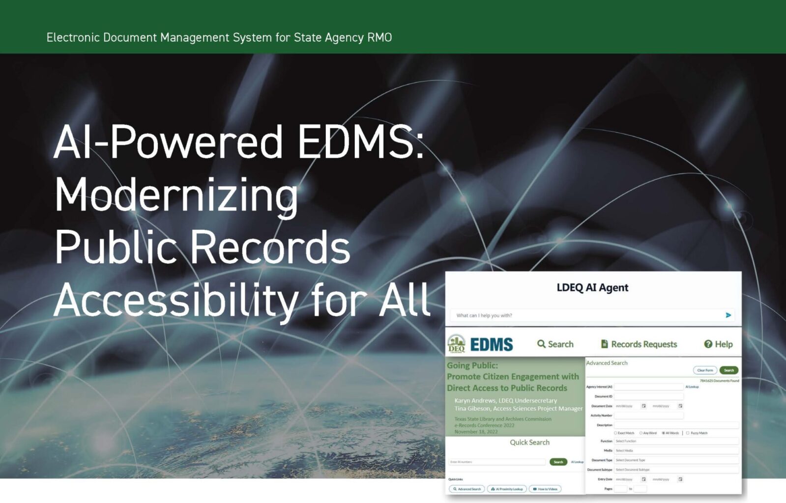 AI-powered EDMS banner with network graphics and records search.