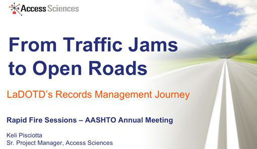 Presentation slide with a road stretching into the distance under a blue sky. Title reads From Traffic Jams to Open Roads: LaDOTD’s Records Management Journey. Event and presenter details are listed below.