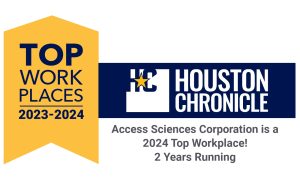 Yellow banner: "Top Workplaces 2023-2024" beside Houston Chronicle logo, honoring Access Sciences Corporation.