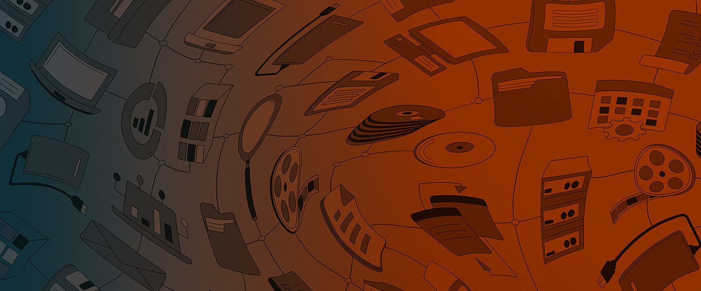 Illustration of various technology and data icons, including servers, folders, documents, and computer screens, on a gradient background—perfect for presentations or case studies—transitioning from blue on the left to orange on the right.