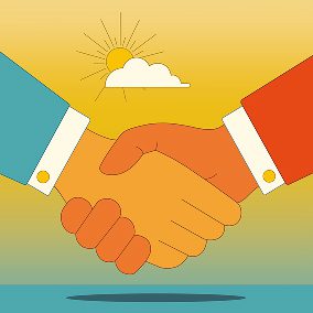 Two hands shaking against a yellow background with a sun, cloud, and blue-green horizon, symbolizing agreement or partnership in data governance. Both hands have long-sleeve shirts—one blue and one red.