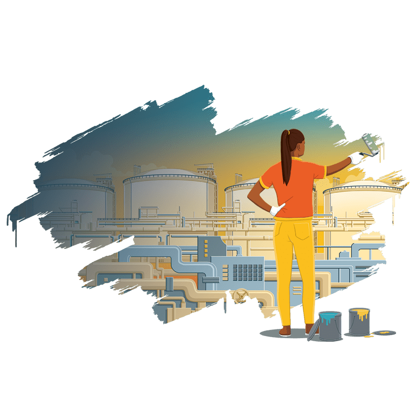 A woman in an orange shirt paints a colorful sky over an industrial scene, symbolizing the transformative power of data governance in reshaping information management. Paint cans and brushes lie on the ground beside her.