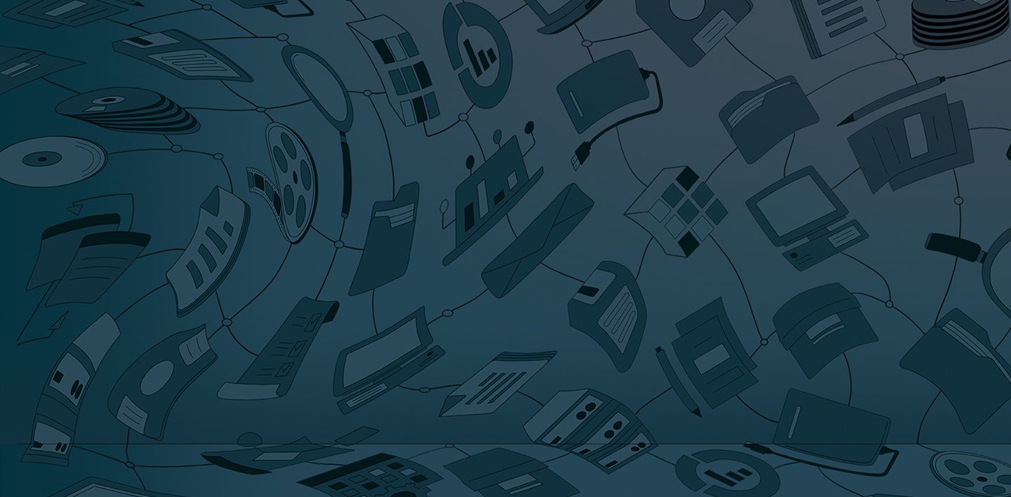 Abstract illustration featuring floating digital icons—folders, documents, graphs, and network symbols—connected by lines on a dark blue background, representing data governance and information management in a digital landscape.