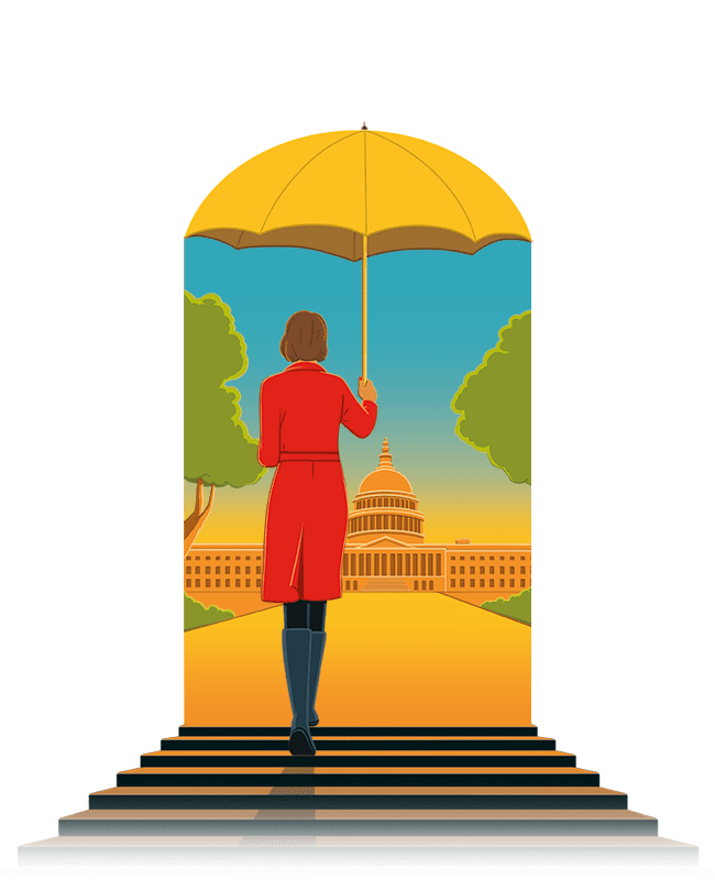 A woman in a red coat holds a large yellow umbrella as she stands on steps facing the U.S. Capitol, symbolizing clarity and structure—much like data governance and information management guiding organizations through complexity.