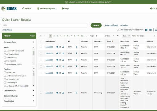 A screenshot of the Louisiana Department of Environmental Quality’s EDMS quick search page displays search results relevant to the chemicals industry, with filters and sortable columns for Document ID, Date, Description, and related details.