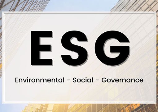 Large black letters ESG appear in the center of the image, with Environmental - Social - Governance written underneath. Modern glass office buildings and a blue sky form the background, symbolizing power utilities embracing sustainable practices.