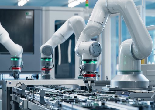 Robotic arms with grippers assemble electronic components on a factory production line. The clean, modern environment reflects the advanced automation found in semiconductor-fabrication-plants.