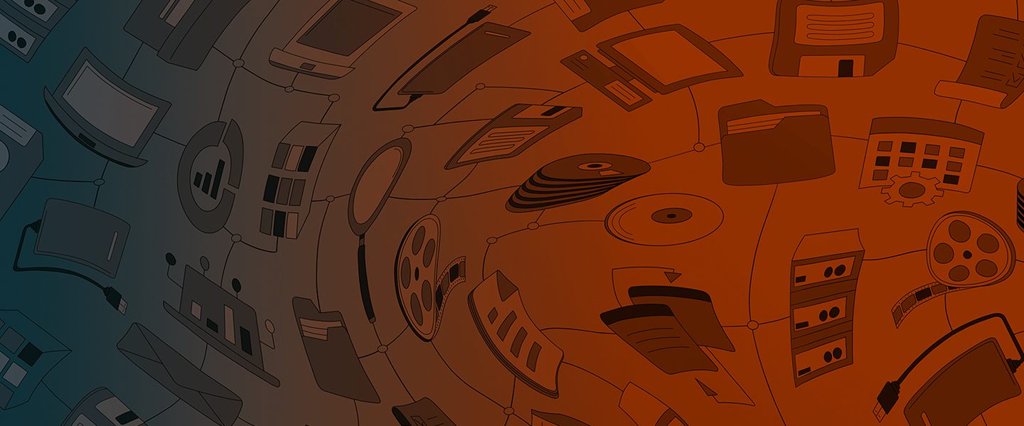 Abstract digital background with various technology and file icons, such as laptops, servers, magnifying glass, and folders, symbolizing modern information governance services on a gradient blue-to-orange backdrop.