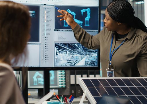 A woman points at a large screen displaying robotic arm designs and a factory diagram, guiding information strategy as another person listens. A solar panel and office supplies are on the table in the foreground.