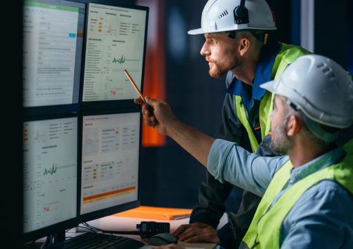 Two engineers wearing safety vests and white helmets review data and charts on multiple computer monitors in a control room, navigating information strategy as one points at the screen while discussing the details.