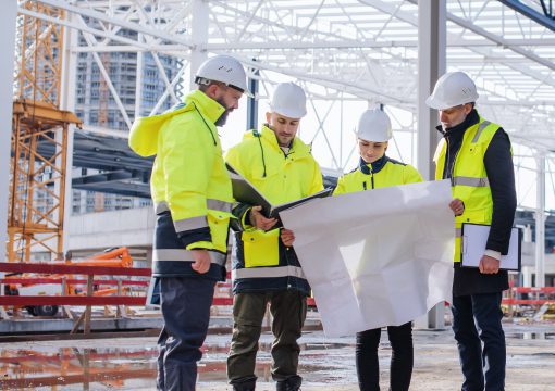 Four construction workers in high-visibility jackets and hard hats examine blueprints at a building site, discussing information governance services, with steel structures and cranes visible in the background.