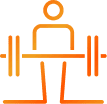 Simple orange line drawing of a person lifting a barbell with weights on each side, representing weightlifting or strength training.