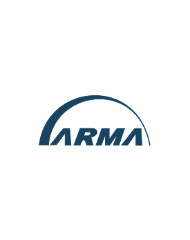 The image shows a dark blue logo with the word ARMA in bold, stylized letters. A curved line arcs over the top of the text, partially enclosing it. The background is light gray.