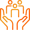 An orange outline icon of two hands cupping three simplified human figures, symbolizing support, care, or community assistance.