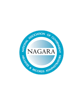 A circular blue and white logo for NAGARA, the National Association of Government Archives & Records Administrators, with the organizations name in the center and its full title around the edge.