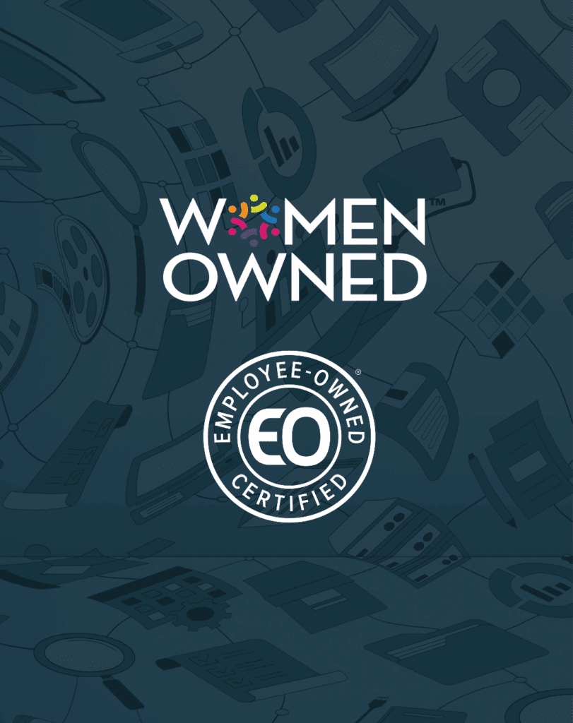 Women Owned and Employee-Owned Certified logos on a blue background with tech icons, representing Access Sciences information management and governance services firm.