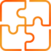 An abstract image of four orange puzzle pieces outlined and arranged to form a square, with rounded edges and gaps between the pieces, on a light gray background.