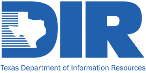 Logo for the Texas Department of Information Resources (DIR) featuring large blue letters DIR with a Texas state outline and horizontal lines inside the D. Text below reads Texas Department of Information Resources.