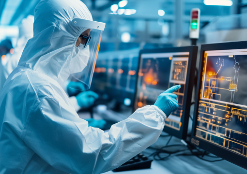 A scientist in full protective gear works in a high-tech lab, pointing at data displayed on dual computer monitors with orange and blue graphics. The lab environment is clean, modern, and brightly lit.