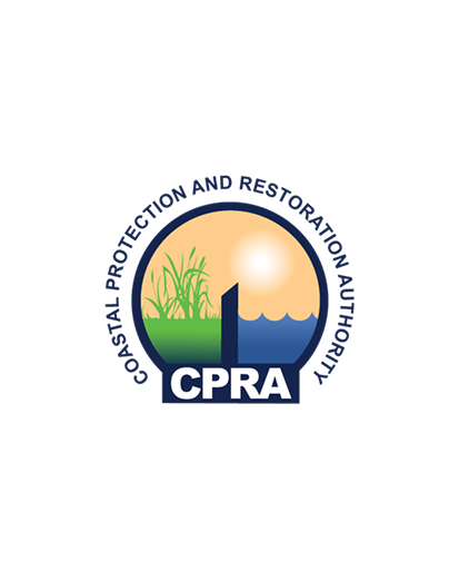 The logo of the Coastal Protection and Restoration Authority (CPRA) features a sun over green marsh grass and blue water, with CPRA in bold white letters and the organizations name around the circular border.