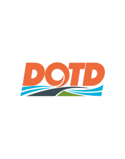 Logo with bold orange letters DOTD above a graphic of a road, green land, and blue water waves, all set against a light gray background.
