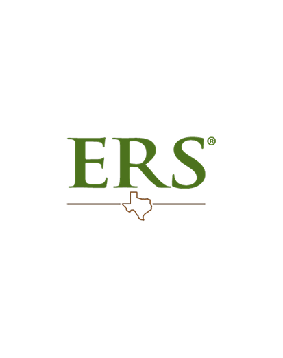 The image shows the letters ERS in green, with a horizontal brown line below and a small outline of the state of Texas in brown at the center of the line, all on a light gray background.