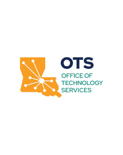 Logo for the Office of Technology Services featuring an orange outline of Louisiana with connected nodes and the text OTS Office of Technology Services to the right.