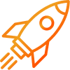 Orange gradient line drawing of a rocket ship launching upward, with motion lines showing takeoff. The rocket is simple and stylized, on a light background.